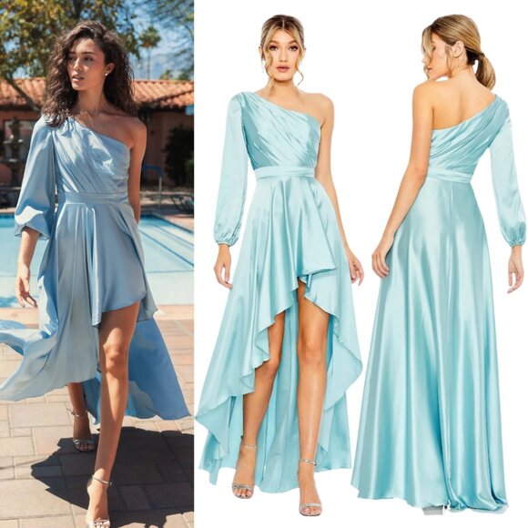 Mac Duggal 49141 Size 10 Blue Long Sleeve One Shoulder Satin High Low Gown Dress - Picture 1 of 4